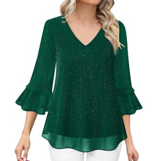 Generic Sparkly Tops for Women UK Glitter Shirts Ladies V Neck Blouse Sequin Festive 3/4 Sleeve Party Chiffon Loose Fit Tunic Tops Ruffle Flowy Double Layered