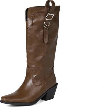 Generic Women Western Mid-calf Boots with Square Toe and Sturdy Heel - Retro Cowboy Style for Casual Outings, Office and Evening,Brown,5.5 UK