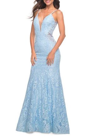 La Femme Long Mermaid Lace Dress with Back Rhinestone Detail in Cloud Blue at Nordstrom, Size 14