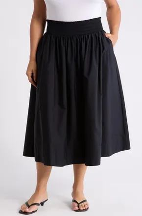 Nordstrom Smocked Waist Pleated Midi Skirt in Black at Nordstrom, Size 1X