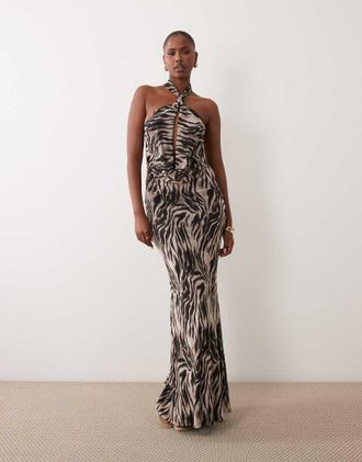Asos vestito maxi in rete con scollo ad anello estremo e linea sleek a zebra-Multicolore
