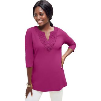 Jessica London Stretch Cotton Crochet Notch Neck Tunic in Raspberry at Nordstrom, Size Medium