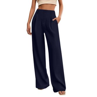 Generic Wide Fabric Trousers Womens Elegant Suit Trousers Womens High Waist Palazzo Trousers Straight Cut Business Pleated Trousers Plain Casual Trousers Busi
