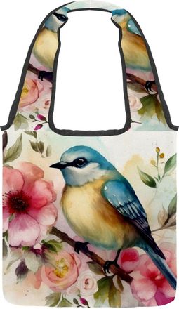 Generic Watercolor Bird Florals Reversible Canvas Shoulder Tote - Double-Sided Print, 12oz Cotton, 27cm Drop, Fold-Flat Bag for Travel, Shopping, Street Outin