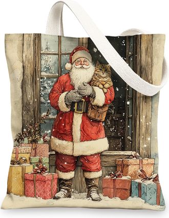 Generic Farmhouse Christmas Santa Claus Canvas Tote Bag for Shopping 13x15, Vintage Xmas Window Reusable Grocery Print Bag for Women Men, Holiday New Year Aes