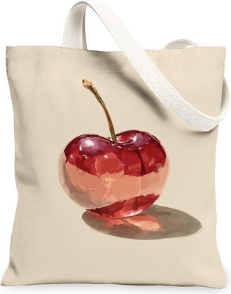 Generic Artistic Cherries Canvas Tote Bag, Vintage Fruit Design Reusable Grocery Bag, Lightweight Washable Shoulder Strap Tote for, Beige, 13x15 Inch