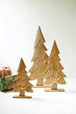 Kalalou Set Of Three Carved Wooden Christmas Trees On Bases