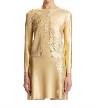 Oscar De La Renta Long Sleeve Foil Lace Embroidered Cardigan In Gold