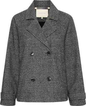 Kaffe Womens Short Coat Double-Breasted Notch Lapel Regular Fit Long Sleeves Outerwear, Black/Grey Check, 16