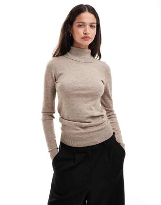 Object long sleeve roll neck knit top in desert taupe-Brown