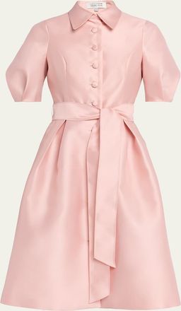 Teri Jon Puff-Sleeve Pique Faille Shirtdress
