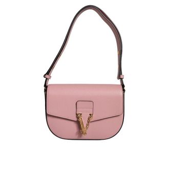 Versace Pink Grainy Calf Leather Logo Crossbody Shoulder Bag