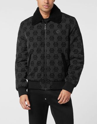 Philipp Plein Wool Aviator Bomber With Shearling Collar Monogram Men in Black at Nordstrom, Size Xx-Large