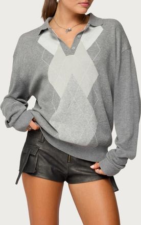 Edikted Kati Argyle Oversize Cotton Polo Sweater in Gray-Melange at Nordstrom, Size X-Small