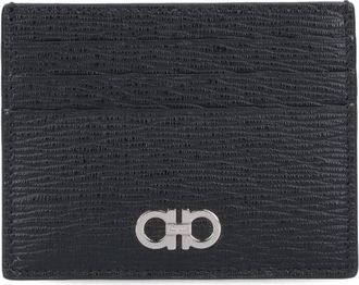 Ferragamo Black/Red Gancini Crinkle Leather Card Case