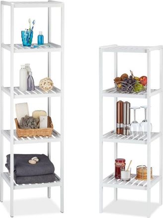 Relaxdays 2 estanterías de bambú con 4 y 5 estantes, estantería alta, estantería de madera para cocina y pasillo, blanca