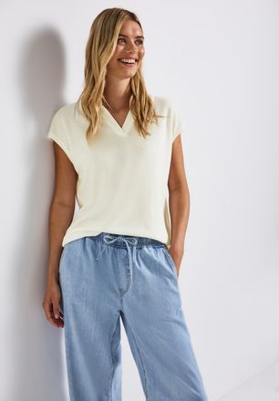 Street One Shirttop STREET ONE, Damen, Gr. 44, weiss (sanftes wei&szlig;), Obermaterial: 49% Viskose, 46% Polyester, 5% Elasthan, unifarben, regular fit taillenbedeckt