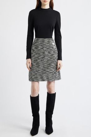 Eliza J Twofer Mock Neck Long Sleeve A-Line Dress in Black Ivory at Nordstrom, Size 12