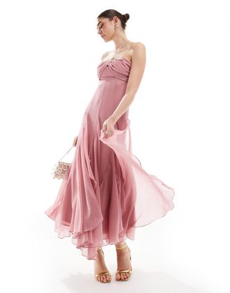 Asos Vestito lungo a fascia rosa polvere con strato sovrapposto e orlo spaccato