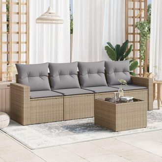 vidaXL Vidaxl - Juego De Sof&aacute;s Jard&iacute;n Con Cojines 5 Pzas Rat&aacute;n Sint&eacute;tico Beige