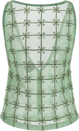 Pinko Green Boat Neck Rhinestone Embroidery Top