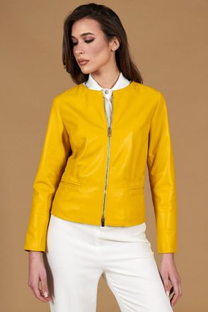 D'Arienzo Giacca in pelle naturale giallo effetto liscio con girocollo DArienzo, Seleziona Taglia XL, Colore Giallo