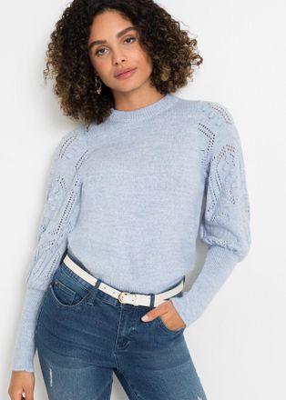 Bonprix Strickpullover BONPRIX, Damen, Gr. 52/54 (XXL), blau (hellblau), Obermaterial: 84% Polyacryl, 10% Polyester, 6% Polyamid, bequem, Pullover Strickpullo