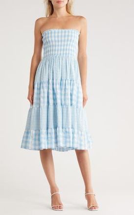 Avec Les Filles Mixed Print Tiered Cotton Gingham Maxi Skirt in Blue/White Gingham at Nordstrom Rack, Size X-Large