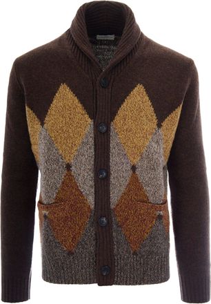 Ballantyne Brown Mouline Intarsia Wool Shawl Collar Cardigan