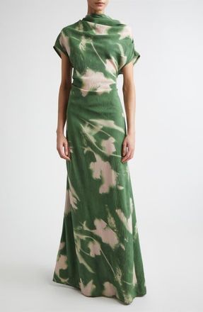 Lela Rose Abstract Floral Draped Asymmetric Crepe Gown in Cactus at Nordstrom, Size 14