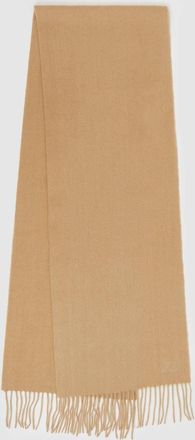 Reiss Picton Soft Camel and Cashmere Scarf Wool Logo Embroidered, Brown, Size: 180x31cm