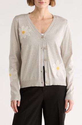 Daniel Rainn Floral Appliqu&eacute; V-Neck Cardigan in Grey/Ivory at Nordstrom Rack, Size X-Small