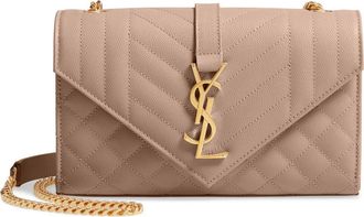 Saint Laurent Small Envelope Calfskin Leather Shoulder Bag in Dark Beige at Nordstrom