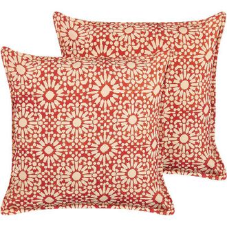 Beliani Conjunto De 2 Cojines De Algod&oacute;n Rojo Blanco Crema 45 X 45 Cm Geom&eacute;trico Ceiba