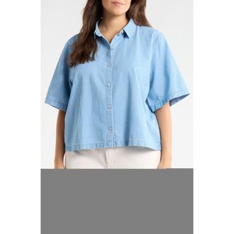 Eileen Fisher Classic Collar Elbow Length Sleeve Organic Cotton Button-Up Shirt in Light Wash at Nordstrom, Size 3X