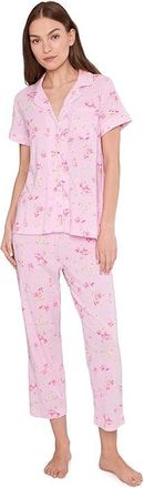 Lauren Ralph Lauren Knit Short Sleeve Notch Collar Long Pants Pajama Set Womens Pajama Sets Pink Ground Floral : XL (US 16-18)