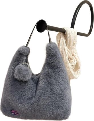 Generic Womens Plush Bags Simple Womens Shoulder Bag Winter Travel Tote Female Soft Fluffy Plush Handbag Large Capacity Shopping(Grey)