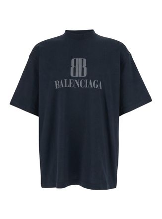Balenciaga Black Crewneck T-shirt With Logo Print On The Front In Cotton Man
