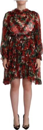 Dolce & Gabbana Bloemen Zijden Mini Jurk Rood - Dames - Korte kleedjes - Veelkleurig - S - Katoen - Kleedjes