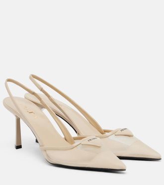 Prada Leather-trimmed mesh slingback pumps