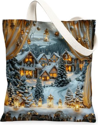 Generic Winter Village Canvas Tote Bags, Cozy Scenic Pattern Reusable Grocery Bags, Vintage Rustic Linen Lightweight Washable Shoul, White, 13x15 Inch
