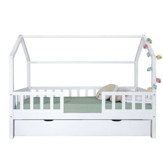 Muemue Cama casita con barandilla + cama elevable madera blanco 90x190cm