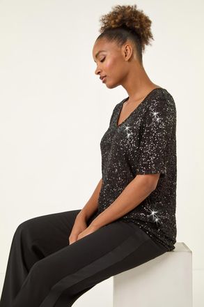 Roman Sequin Embellished V-Neck Top