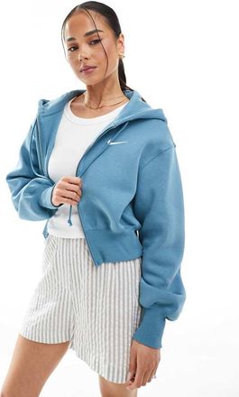 Nike Phoenix Fleece full zip cropped hoodie in blue