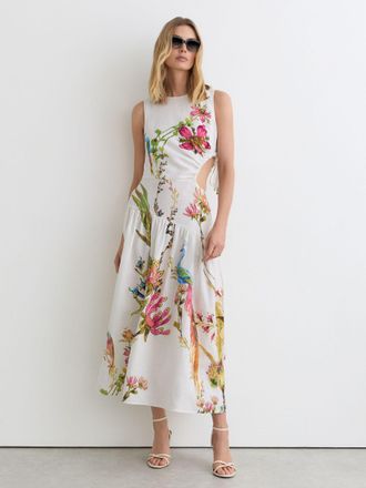 Reiss Petite Linen Floral-print Cut-out Midi Dress, 10