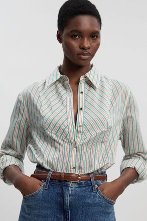 Karen Millen Womens Poplin Stripe BIb Woven Shirt - Blue Cotton - Size 12 UK