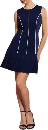 London Times Contrast Piped Pleated Dress In Navy