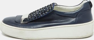 Sergio Rossi Blue Leather And Suede Crystal Embellished Sr1 Low Top Sneakers