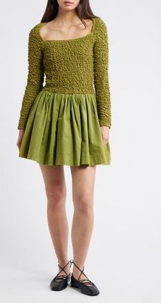 Damson Madder Malinda Smocked Long Sleeve Organic Cotton Minidress in Olive at Nordstrom Rack, Size 12 Us / 16 Uk