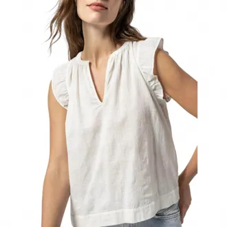 Lilla P Womens Flutter Sleeve Split Neck Top In White
